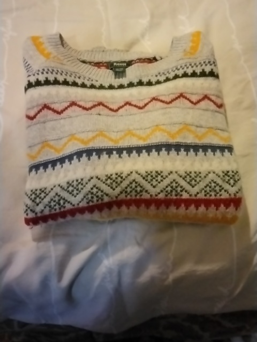 Roots Cream Crewneck Sweater with Multicolor Fair Isle Stripes